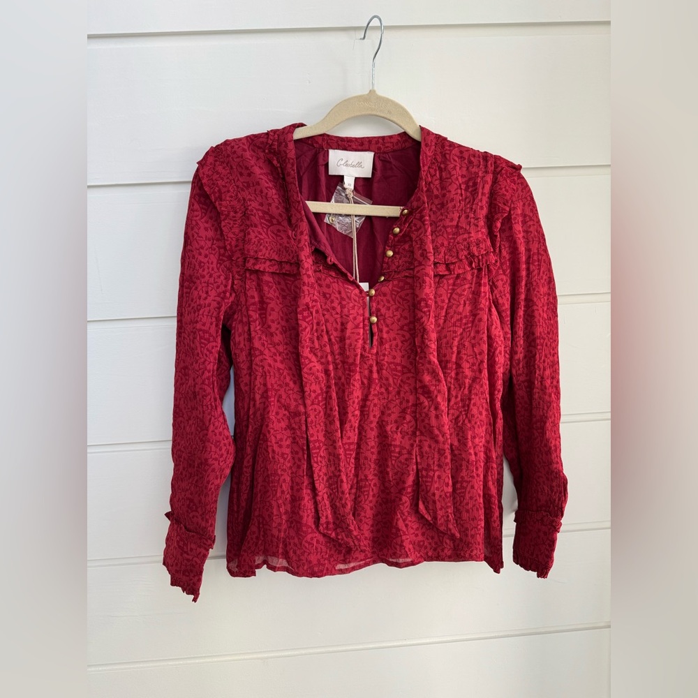 Cleobella Organic Cotton Ruffle Trim Necktie Blouse Long Sleeve Boho